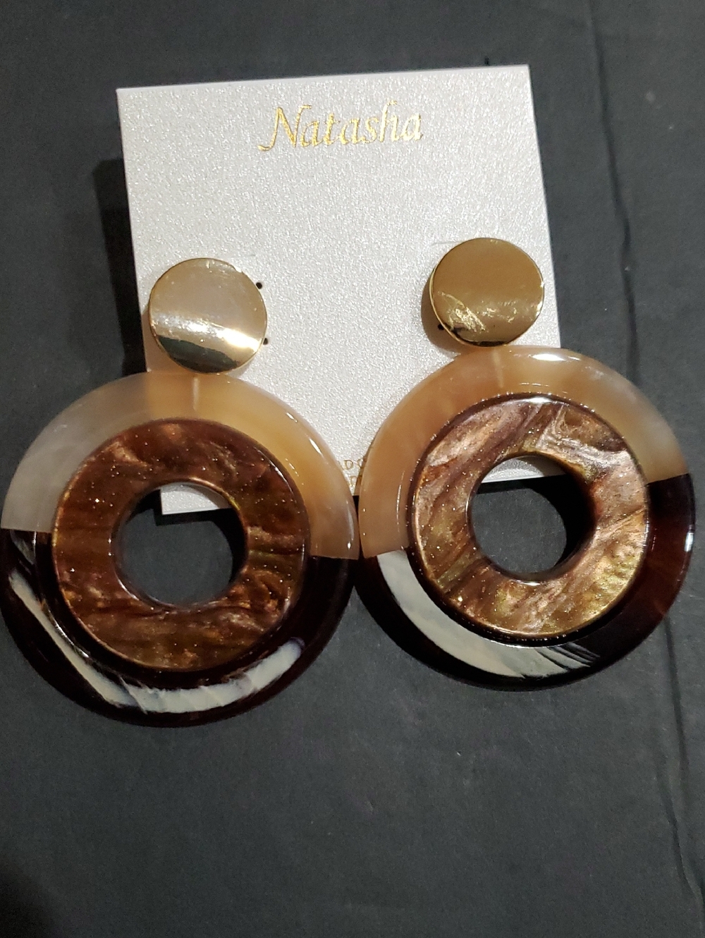 Natasha couture brown multi resin double hoop gold tonr dangle tiered earrings‎